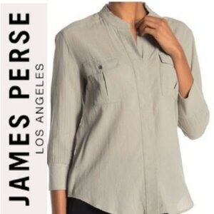James Perse Collarless Button Down Shirt 3/4 Sleeve Grey Size medium